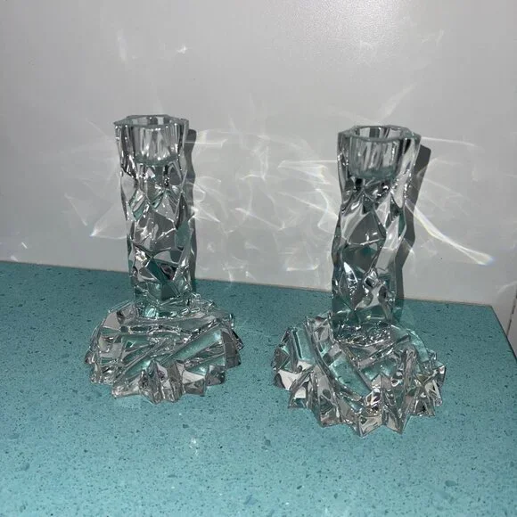 Tiffany Vintage MCM Candlesticks Rock Cut Crystal Set of 2 Collectible Decor - Picture 6 of 7